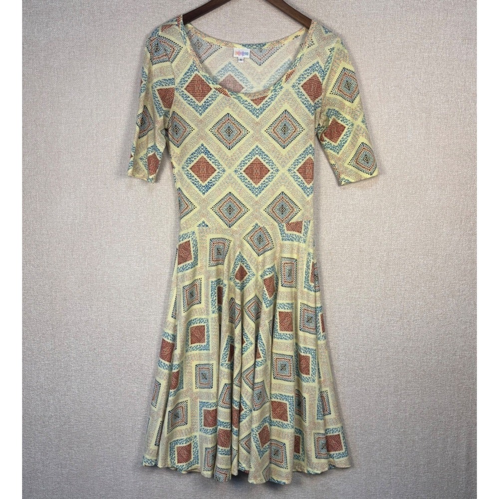 LuLaRoe Nicole Dress Small WomenYellow Geometric Diamond Fit Flare Elbow Sleeve